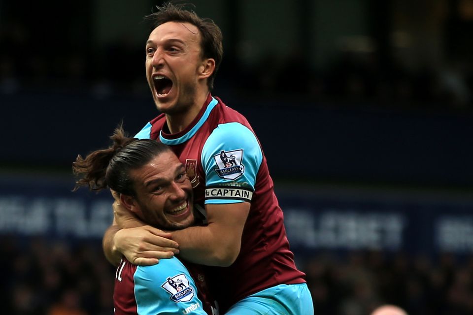 West Ham's Mark Noble celebrates his second goal with Andy Carroll
