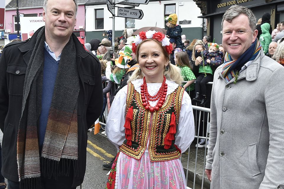 Philip Knight (Town Administrator), Ambassador to Ireland of Poland Anna Sochanska and Senator Malcolm Byrne pictured at the St Patrick's Day parade in Gorey. Pic: Jim Campbell