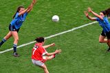 thumbnail: 28 September 2014; Siobhán McGrath shoots past Dublin's Leah Caffrey, left, and captain Sinéad Goldrick to score what proved to be the winning point for Cork. TG4 All-Ireland Ladies Football Senior Championship Final, Cork v Dublin. Croke Park, Dublin. Picture credit: Ray McManus / SPORTSFILE