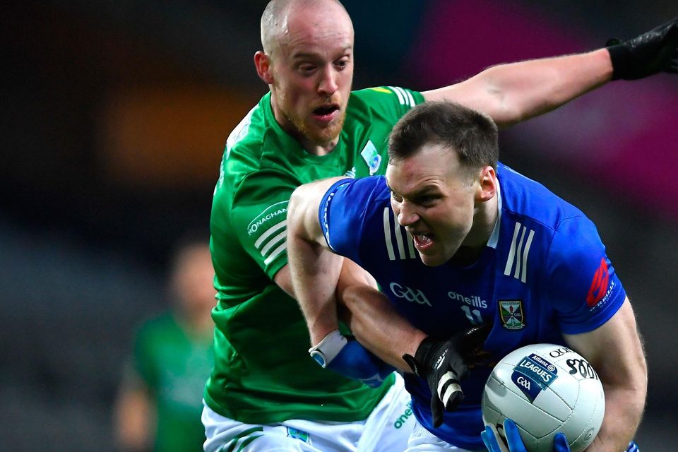 Gearóid McKiernan of Cavan in action against Ché Cullen of Fermanagh during the Allianz Football League Division 3 Final match between Cavan and Fermanagh at Croke Park in Dublin. Photo by Tyler Miller/Sportsfile