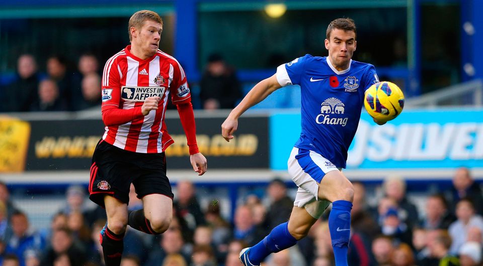 James McClean challenges Seamus Coleman during the game against Everton in November 2012 at Goodison Park, the game in which the Sunderland winger decided against wearing a poppy. Photo: Getty