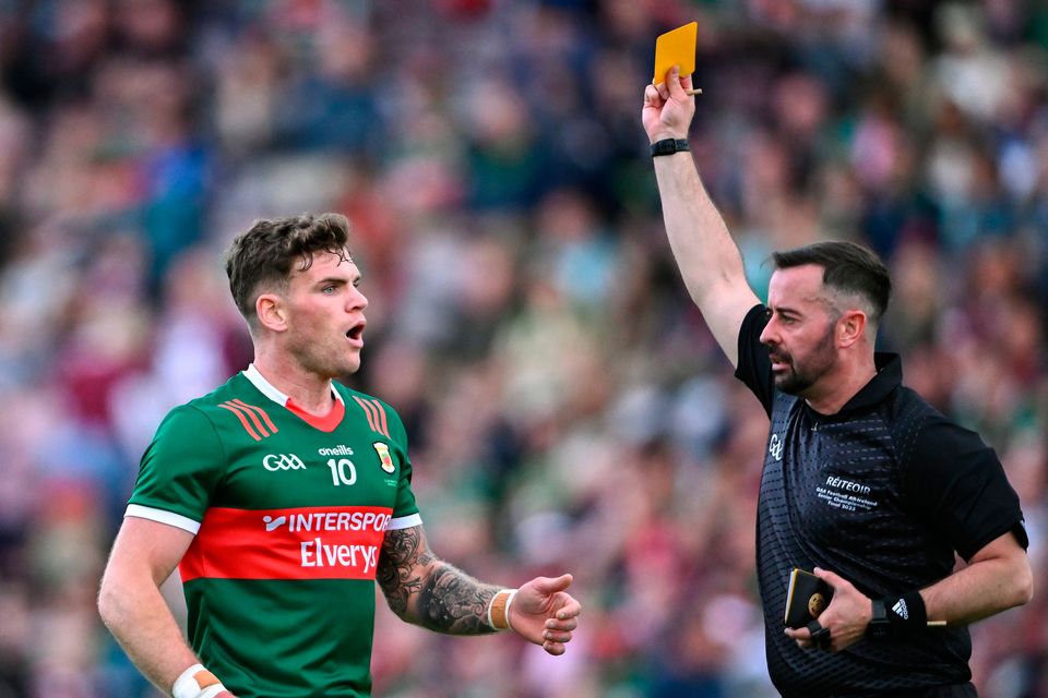 Jordan Flynn of Mayo reacts as he is shown a yellow card by referee David Gough during the Connacht SFC final at Pearse Stadium. Photo: Piaras Ó Mídheach/Sportsfile