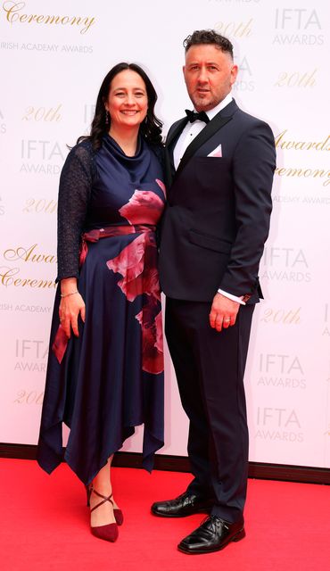 Catherine Martin, Minister for Tourism, Culture, Arts, Gaeltacht, Sport and Media and her husband Francis Noel Duffy on the red carpet ahead of the 20th Irish Film and Television Academy (IFTA) Awards ceremony. Photo: Damien Eagers/PA Wire