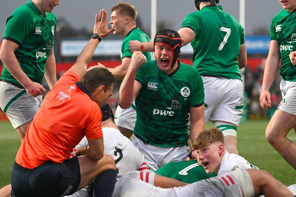 Brian Gleeson of Ireland celebrates as George Hadden scores their side's third try during the U20 Six Nations Rugby Championship match between Ireland and England at Musgrave Park in Cork.