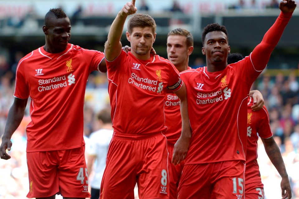 File photo dated 31-08-2014 of Liverpool's Steven Gerrard (centre) celebrates scoring his side's second goal of the game from the penalty spot during the Barclays Premier League match at White Hart Lane, London. PRESS ASSOCIATION Photo. Issue date: Friday May 15, 2015. Steven Gerrard season by season. See PA story SOCCER Season by Season. Photo credit should read Adam Davy/PA Wire.