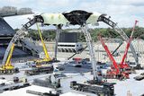 thumbnail: Work continues on U2's giant
'Claw' stage for their
upcoming 360 tour gigs at
Croke Park. The main stage
will reach above the stands
in the stadium once its
central 'antenna' is attached.