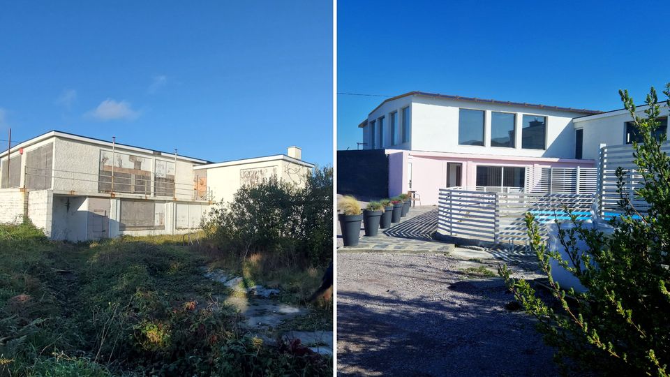 The hotel's exterior before and after renovations