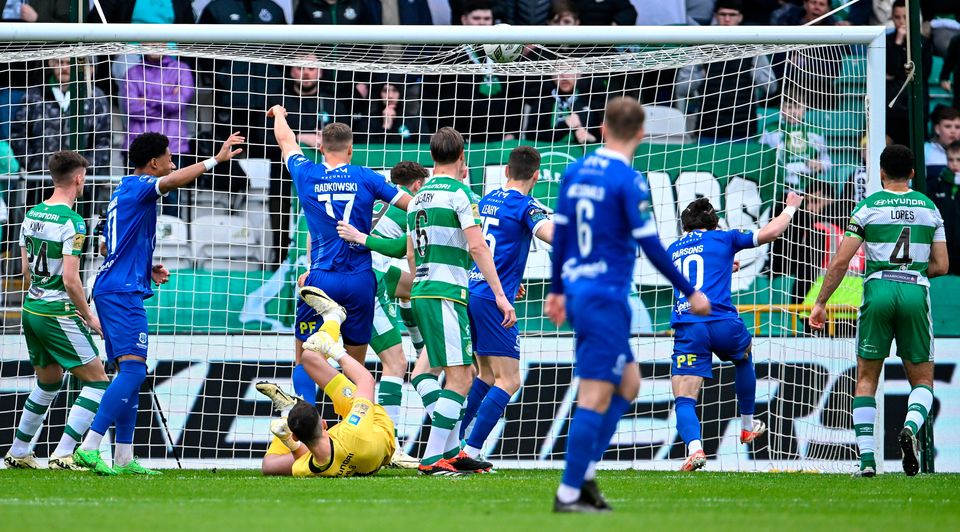 The ball hits the net for Waterford's first goal, an own goal by Shamrock Rovers goalkeeper Leon Pohls, during the SSE Airtricity Premier Division match at Tallaght Stadium in Dublin. Photo: Piaras Ó Mídheach/Sportsfile