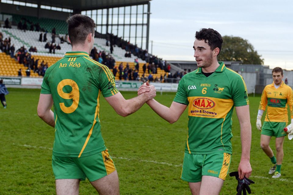 Conor McNamee, left, and Eoin Rigney of Rhode congratulate each other following their team's victory during the AIB Leinster GAA Football Senior Club Championship quarter-final game between Rhode and Simonstown Gaels at O'Connor Park in Tullamore last month