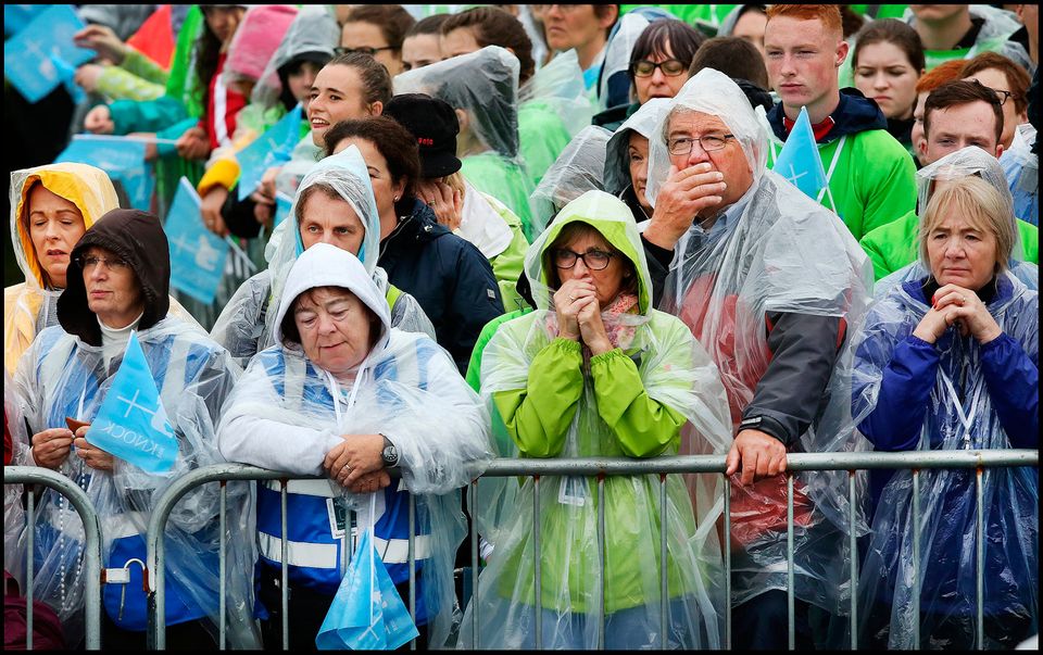 Pilgrims listen to Pope Francis address the crowd  at Knock Shrine.
Pic Steve Humphreys
26th August 2018