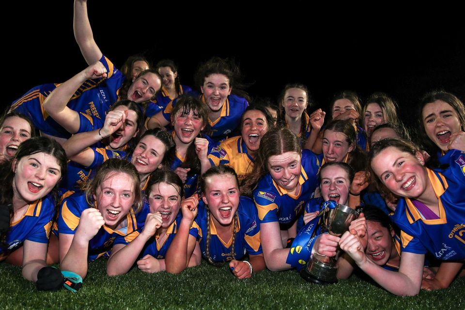 Presentation Secondary School Milltown players celebrate with the trophy after the Lidl LGFA Post Primary Junior C Final win over Dunmore Community School, Galway, at Fethard Town Park in Tipperary. Photo by Sportsfile