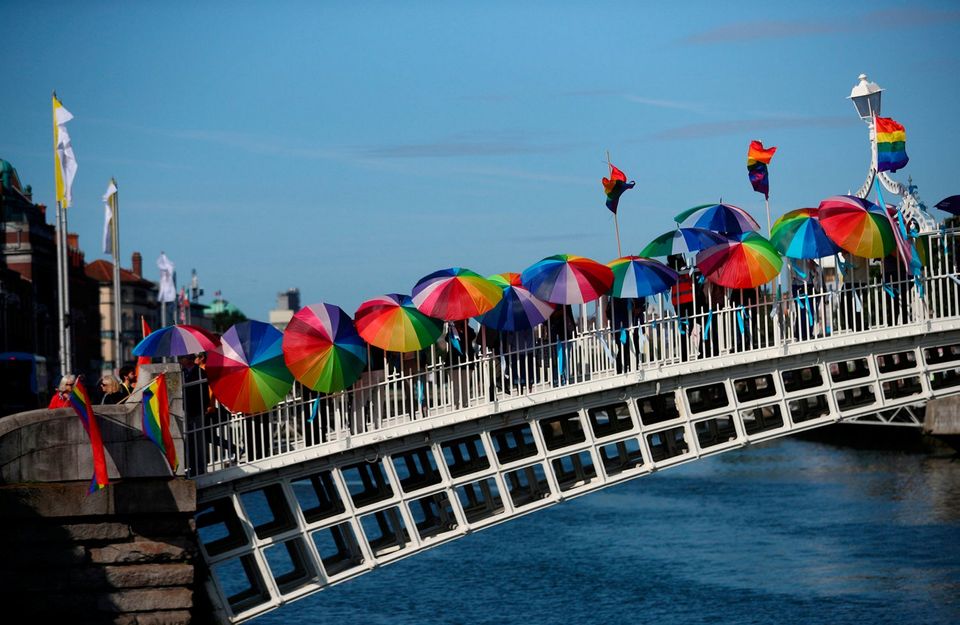 Protesters at the visit of Francis demonstrate on the Ha’penny Bridge. Photo: REUTERS/Hannah McKay