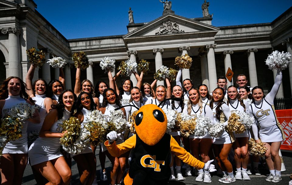 24 August 2024; Georgia Tech mascot Buzz and cheerleaders before the 2024 Aer Lingus College Football Classic match between Florida State and Georgia Tech at Aviva Stadium in Dublin. Photo by David Fitzgerald/Sportsfile 