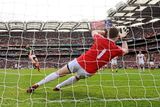 thumbnail: Mayo's Alan Freeman scores his side's first goal from a penalty past goalkeeper Pascal McConnell