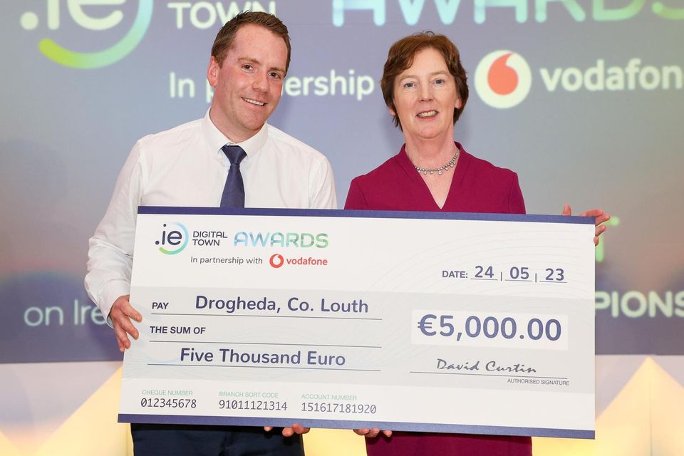 Trevor Connolly, CEO Love Drogheda Bid representing Drawda Urban Art Trail from Louth, Winner in Digital Rising Star category at the .IE Digital Town Awards 2023 alongside Oonagh McCutcheon, National Director, .IE Digital Town Programme. Photo: Jeff Harvey