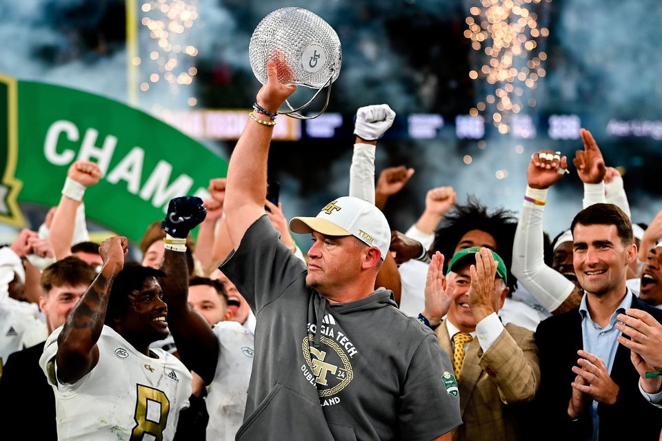 24 August 2024; Georgia Tech head coach Brent Key celebrates after the 2024 Aer Lingus College Football Classic match between Florida State and Georgia Tech at Aviva Stadium in Dublin. Photo by Brendan Moran/Sportsfile 