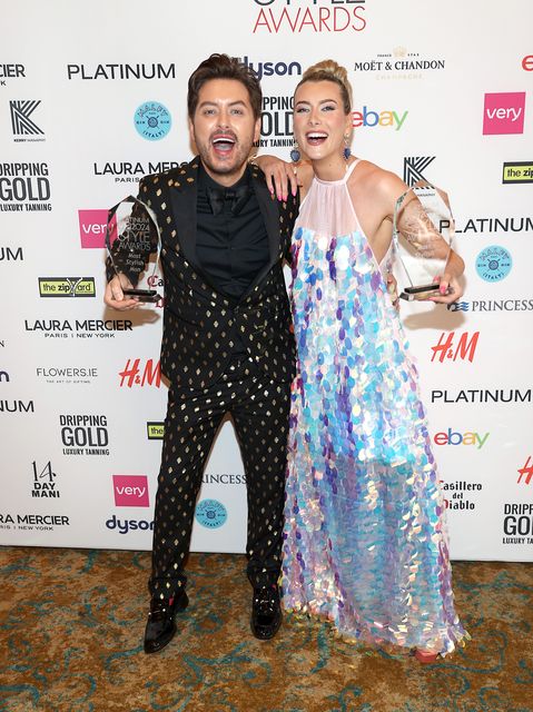 Brian Dowling Gourounlian with his award for Ireland's Most Stylish Man  and Louise Cantillon with her award for Ireland's Most Stylish Newcomer at the Platinum VIP Style Awards 2024 at the Intercontinental Hotel in Ballsbridge,Dublin.
Picture Brian McEvoy