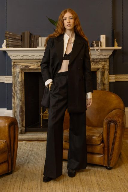 Banshee of Savile Row tuxedo dress worn over trousers and a linen shirt. Picture: Emily Fry