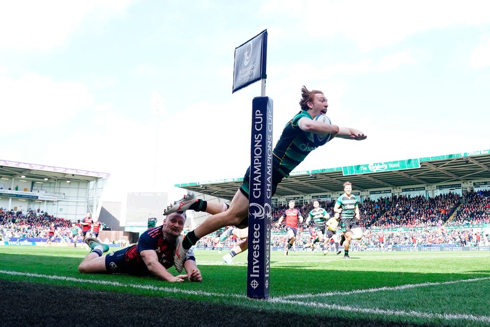 Northampton Saints' George Hendy dives over to score his side's third try. Photo: David Davies/PA