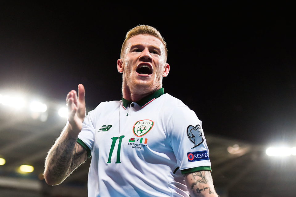 9 October 2017; James McClean of Republic of Ireland celebrates after scoring his side's goal during the FIFA World Cup Qualifier Group D match between Wales and Republic of Ireland at Cardiff City Stadium in Cardiff, Wales. Photo by Stephen McCarthy/Sportsfile