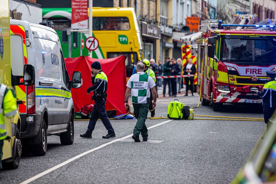 Emergency services at the scene where multiple people were transported to hospital following a road traffic incident, on Main Street in Bray, County Wicklow. Photo: Damien Storan.