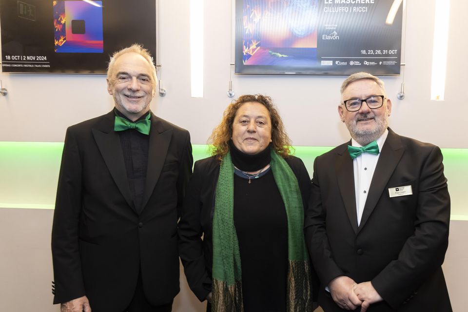 25/10/2024. Wexford Festival Opera Green Night are Randall Shannon Wexford Festival Opera Executive Director, Rosetta Cucchi, Wexford Festival Opera Artistic Director and Paul Cleary, Chairman of Wexford Festival Trust. Photograph: Patrick Browne