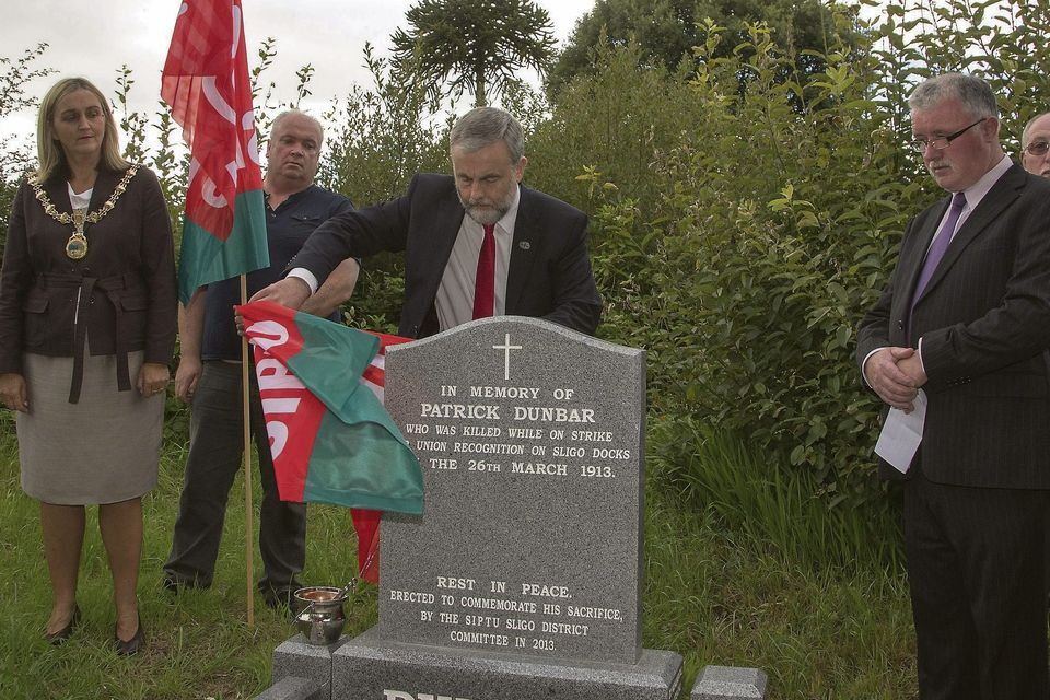 THE grave of the first man to die during the 1913 Lockout at Sligo Cemetery. Patrick Dunbar (39) was beaten to death by strike-breakers during the Sligo dockers’ strike in March 1913. The grave was rediscovered and headstone unveiled in August 2013 by SIPTU’s Jack O’Connor.