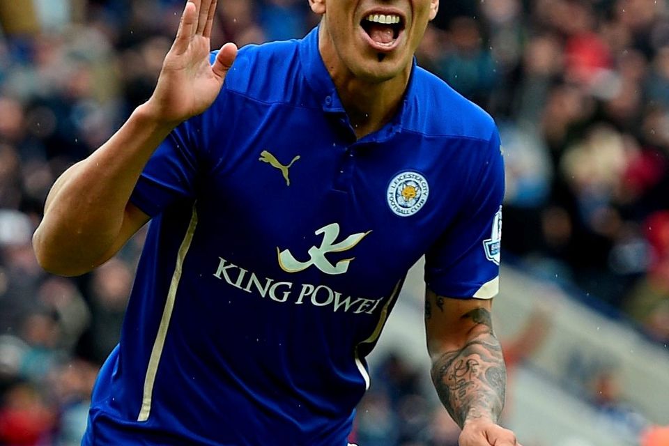 Leicester City's Leonardo Ulloa celebrates after he scores from the penalty spot against Newcastle on Saturday