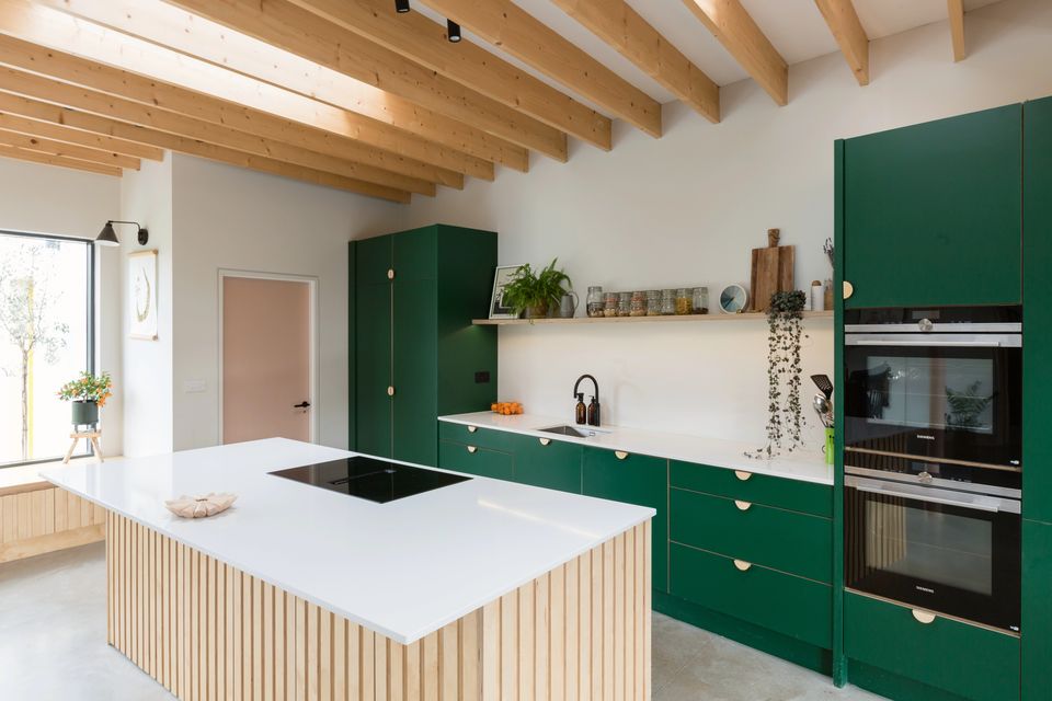 The bright-green kitchen at Lisa Hayes's renovated property in Dún Laoghaire