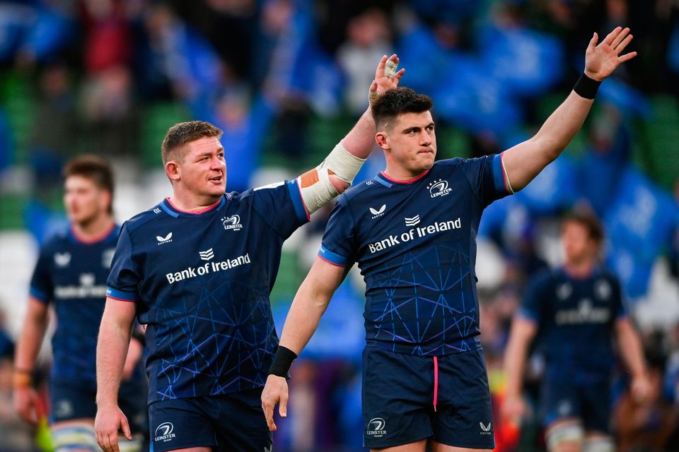 Leinster players Tadhg Furlong, left, and Dan Sheehan after their side's victory
