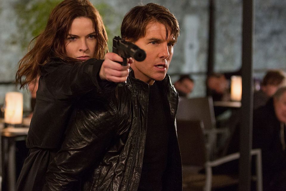 Tom Cruise as Ethan Hunt and Rebecca Ferguson as Ilsa in Mission: Impossible Rogue Nation