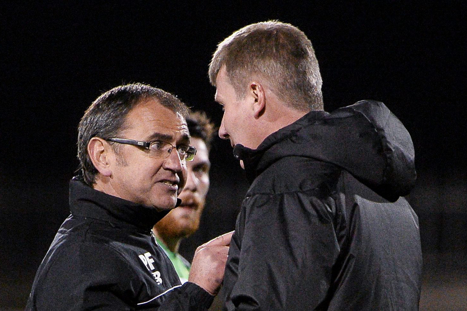 Shamrock Rovers manager Pat Fenlon makes a point to his Dundalk counterpart Stephen Kenny after the final whistle at Tallaght Stadium Photo: Sportsfile