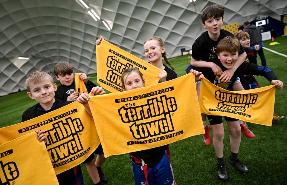 Schoolchildren taking part in the Pittsburgh Steelers' flag football clinics this week. Photo by Ramsey Cardy/Sportsfile 