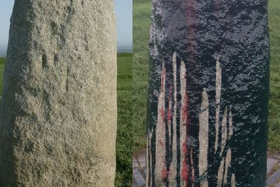 Pictured: Lia Fail Standing Stone at the top of the Hill of Tara in County Meath before and after the damage