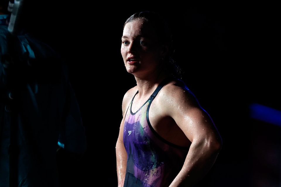 Ireland's Mona McSharry after competing in the Women's 100m Breaststroke semi-finals during day two of the World Aquatics Championships 2024 at the Aspire Dome in Doha, Qatar. Photo: Ian MacNicol/Sportsfile