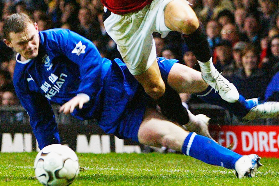 Wayne Rooney tackles Cristiano Ronaldo during Everton’s game against Manchester United in 2003. He returns to Old Trafford for the first time in a blue shirt tomorrow. Photo: Getty Images