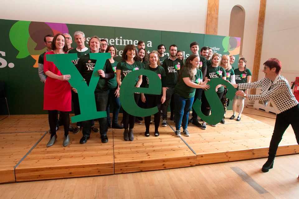 Ailbhe Smyth joins members of the Yes Campaign during the Together for Yes campaign launch in The Pillar Room, The Rotunda Foundation, Parnell Square, Dublin. Photo: Gareth Chaney Collins