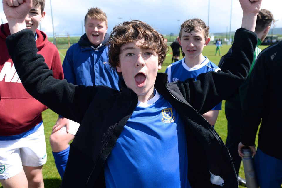 19/05/15. Mark Soper of Templeouge College celebrating winning  the Under 15s soccer final between Colaiste Phadraig CBS and Templeouge College at Peamount Utd.
Pic: Justin Farrelly.