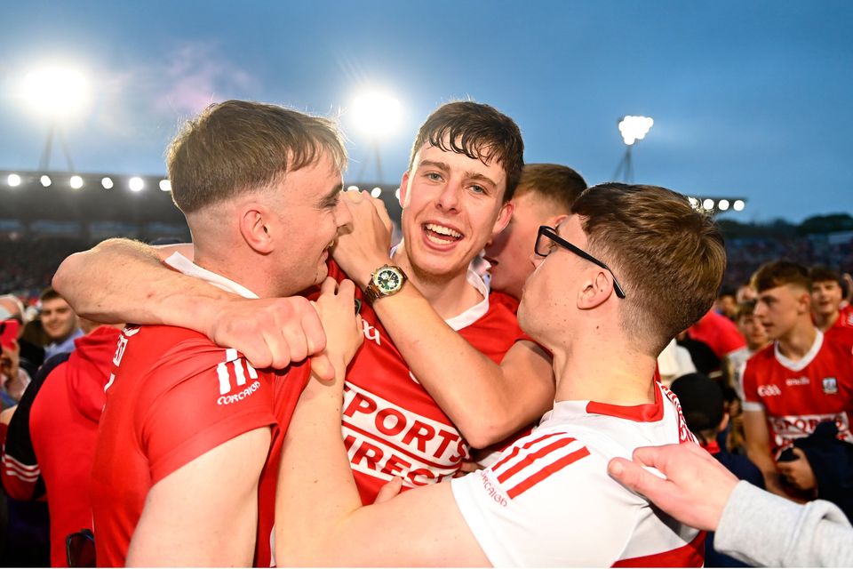 Robert Downey of Cork celebrates with supporters after the Munster GAA Hurling Senior Championship Round 3 match between Cork and Limerick at SuperValu Páirc Ui Chaoimh in Cork