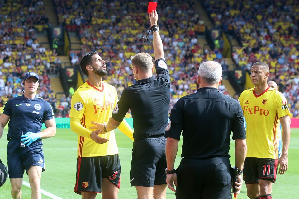 Watford's Miguel Britos has been sent off three times in 20 Premier League matches