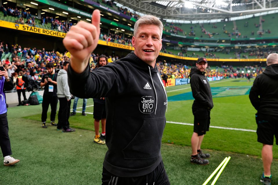 La Rochelle's head coach Ronan O'Gara celebrates after the team's victory over Leinster in Saturday's Champions Cup final at the Aviva Stadium. Photo: David Rogers/Getty Images