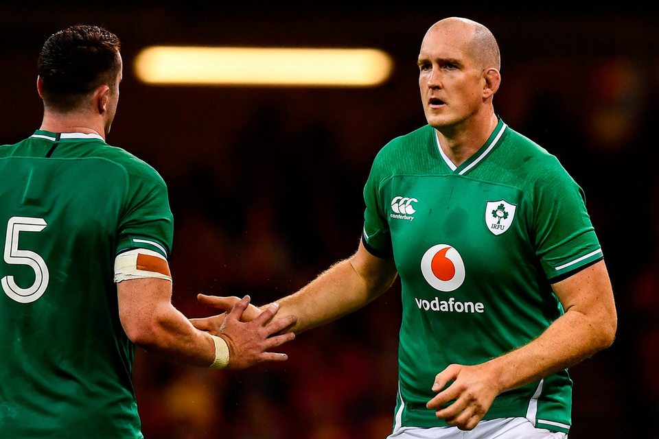 Devin Toner of Ireland high fives James Ryan, as he comes on to replace him as a substitute, during the Under Armour Summer Series 2019 match between Wales and Ireland at the Principality Stadium in Cardiff, Wales. Photo by David Fitzgerald/Sportsfile