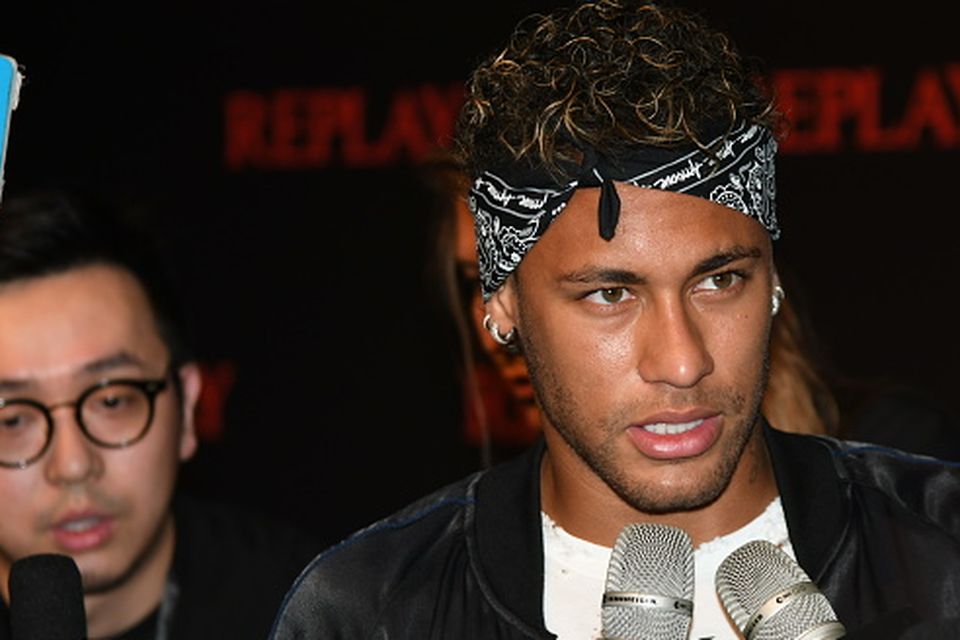 Brazilian footballer Neymar receives interviews during Replay fashion show on July 31, 2017 in Shanghai, China.  (Photo by VCG/VCG via Getty Images)