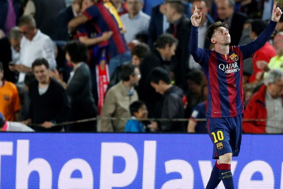 Barcelona's Lionel Messi celebrates after scoring the opening goal during the Champions League semifinal first leg soccer match between Barcelona and Bayern Munich at the Camp Nou stadium in Barcelona, Spain, Wednesday, May 6, 2015.  (AP Photo/Manu Fernandez)