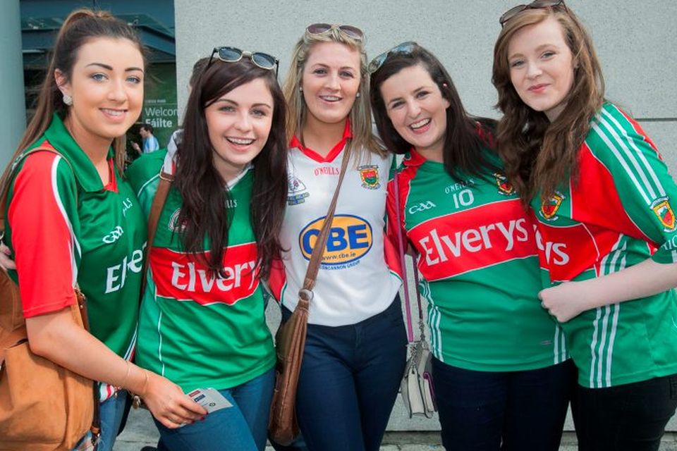 30/08/2015  
GAA fans (L to R) 
Bethany Monaghan
Emer o donnell
Maire ruddy
Marie Deane
Shannon tighe all from Belmullet
at the GAA Semi Final between Dublin & Mayo in Croke Park, Dublin.
Photo: Gareth Chaney Collins