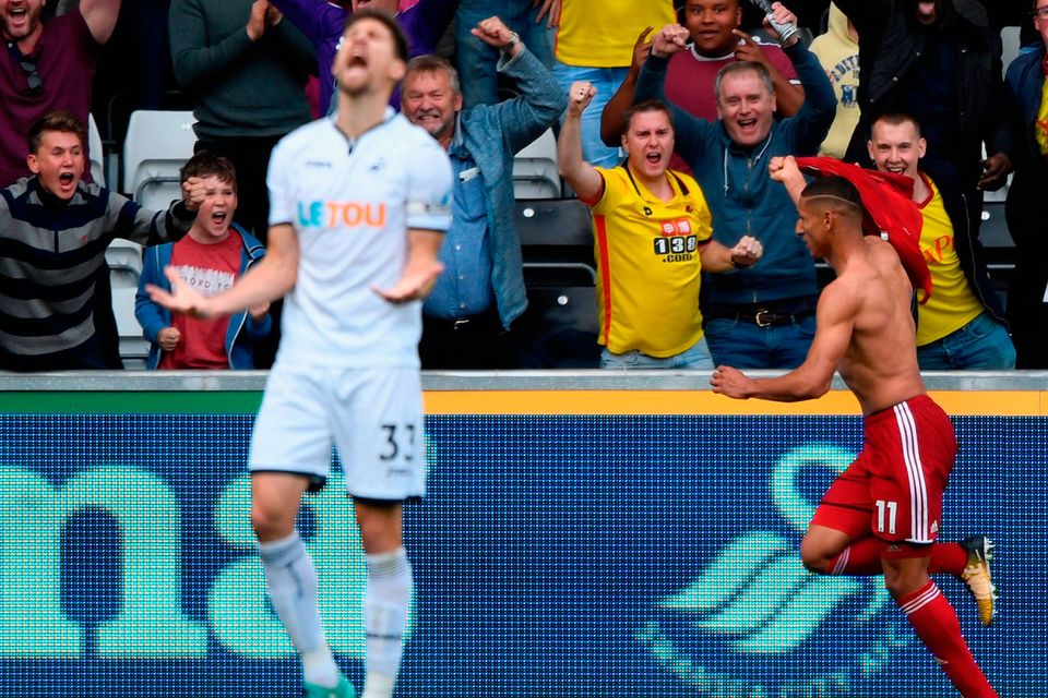 Watford player Richarlison celebrates the winning goal as Federico Fernandez of Swansea screams in frustration. Photo: Getty
