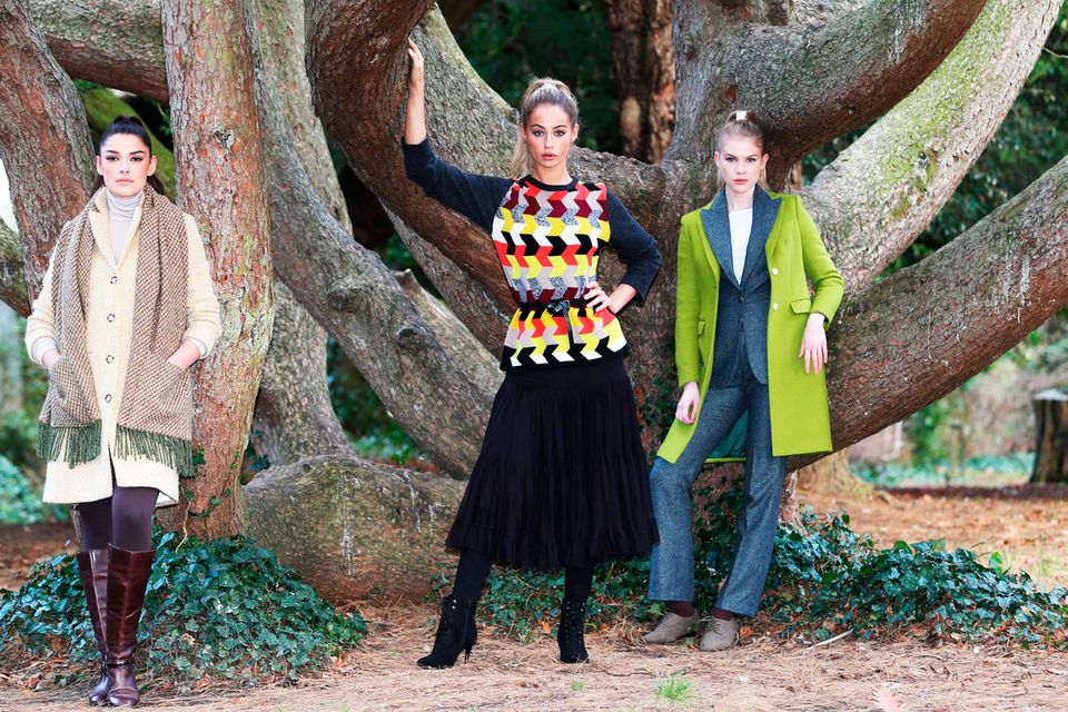 Kelly (left) wears a yellow ochre herringbone tweed coat and textured scarf by Avoca; Thalia (centre) wears a multicoloured mosaic knit sweater by Mary Callan; Eve wears a lime tailored wool coat over tweed trouser suit, by Celtic Tweeds Photos: Leon Farrell/Photocall Ireland