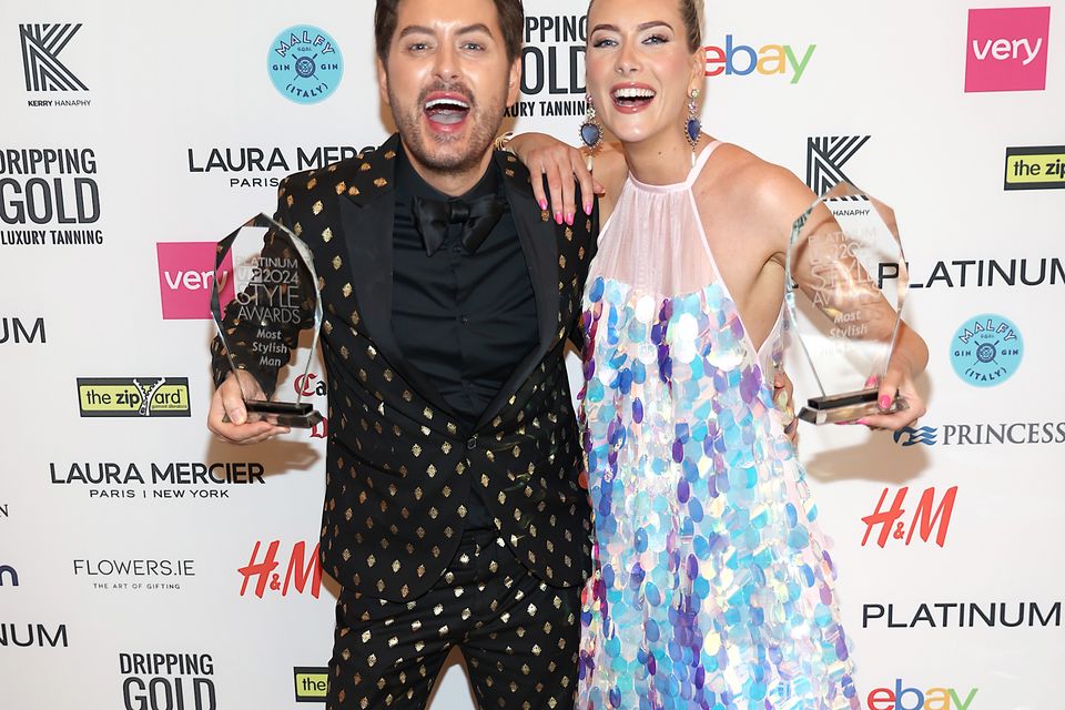Brian Dowling Gourounlian with his award for Ireland's Most Stylish Man  and Louise Cantillon with her award for Ireland's Most Stylish Newcomer at the Platinum VIP Style Awards 2024 at the Intercontinental Hotel in Ballsbridge,Dublin.Picture Brian McEvoy