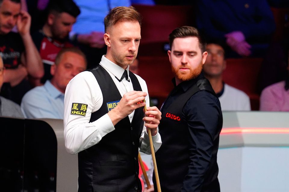 Judd Trump and Jak Jones on day twelve of the World Snooker Championship at the Crucible Theatre, Sheffield.