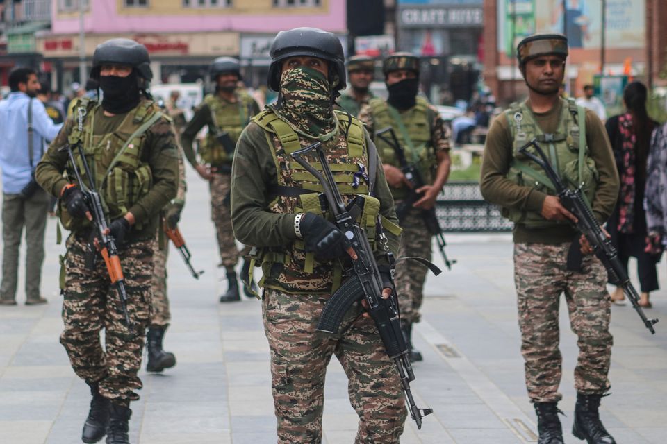 Indian paramilitary soldiers patrol in Jammu and Kashmir. Photo by Firdous Nazir/NurPhoto via Getty.